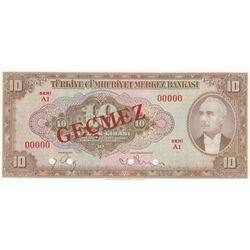 Turkey, 10 Lira, 1948, UNC, 4/2. Emission, p148, SPECIMENbr/Inönü portrait, serial number: A1 00000