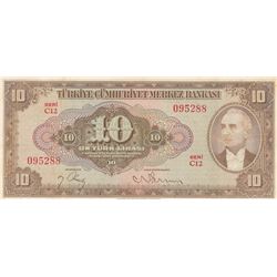 Turkey, 10 Lira, 1948, XF, p148br/serial number: C12 095288, natural