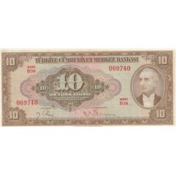 Turkey, 10 Lira, 1948, XF, 4/2. Emission, p148br/Inönü portrait, serial number: B38 069740, natural