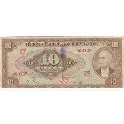 Turkey, 10 Lira, 1948, VF, p148br/natural, Inönü portrait, serial number: E17 090735