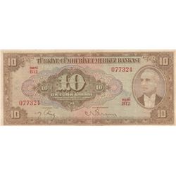 Turkey, 10 Lira, 1948, VF (+), 4/2. Emission, p148br/Inönü portrait, serial number: B12 077324