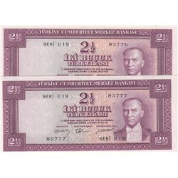 Turkey, 2 1/2 Lira, 1955, UNC, 5/2. Emission, p151, (Total 2 consecutive banknotes)br/Atatürk portra