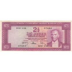 Turkey, 2 1/2 Lira, 1957, XF, 5/3. Emission, p152br/Atatürk portrait, serial number: V39 07684, pres