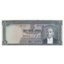 Turkey, 5 Lira, 1965, UNC, 5/4. Emission, p174br/Atatürk portrait, serial number: H21 383026