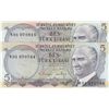 Image 1 : Turkey, 5 Lira, 1976, UNC, 6/2. Emission, p185, "K01" first prefix, (Total 2 banknotes)br/serial num