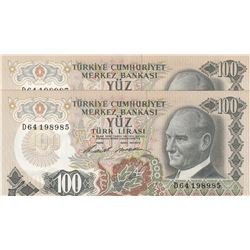 Turkey, 100 Lira, 1972, AUNC, 7/1. Emission, p189, (Total 2 banknotes)br/Atatürk portrait, serial nu