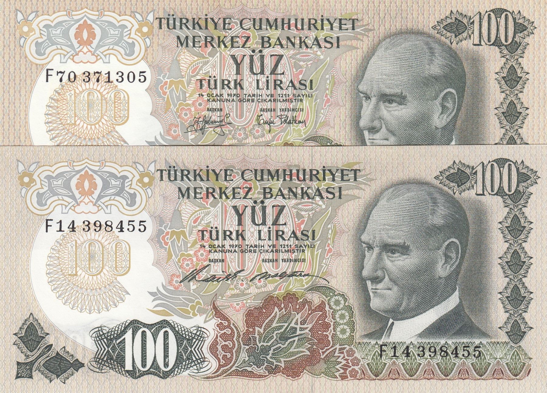 1972 P-189 UNC Turkey 100 Lira 1970