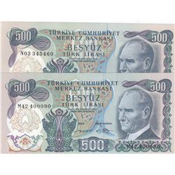 Turkey, 500 Lira, 1974, UNC, 6/2. Emission, p19e, (Total 2 banknotes)br/Atatürk portrait, serial num