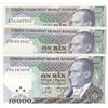 Image 1 : Turkey, 10.000 Lira, 1993, UNC, 7/4. Emission, p200, (Total 3 banknotes)br/serial numbers:  I69 1639