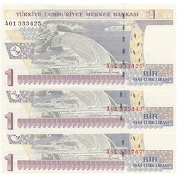 Turkey, 1 New Turkish Lira, 2005, UNC, 8/1. Emission, p216, "A01", (Total 3 banknotes)br/Atatürk por