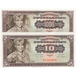 Yugoslavia, 10 Dinara ve 1.000 Dinara, 1963/1965, p75, p78, (Total 2 banknotes)br/