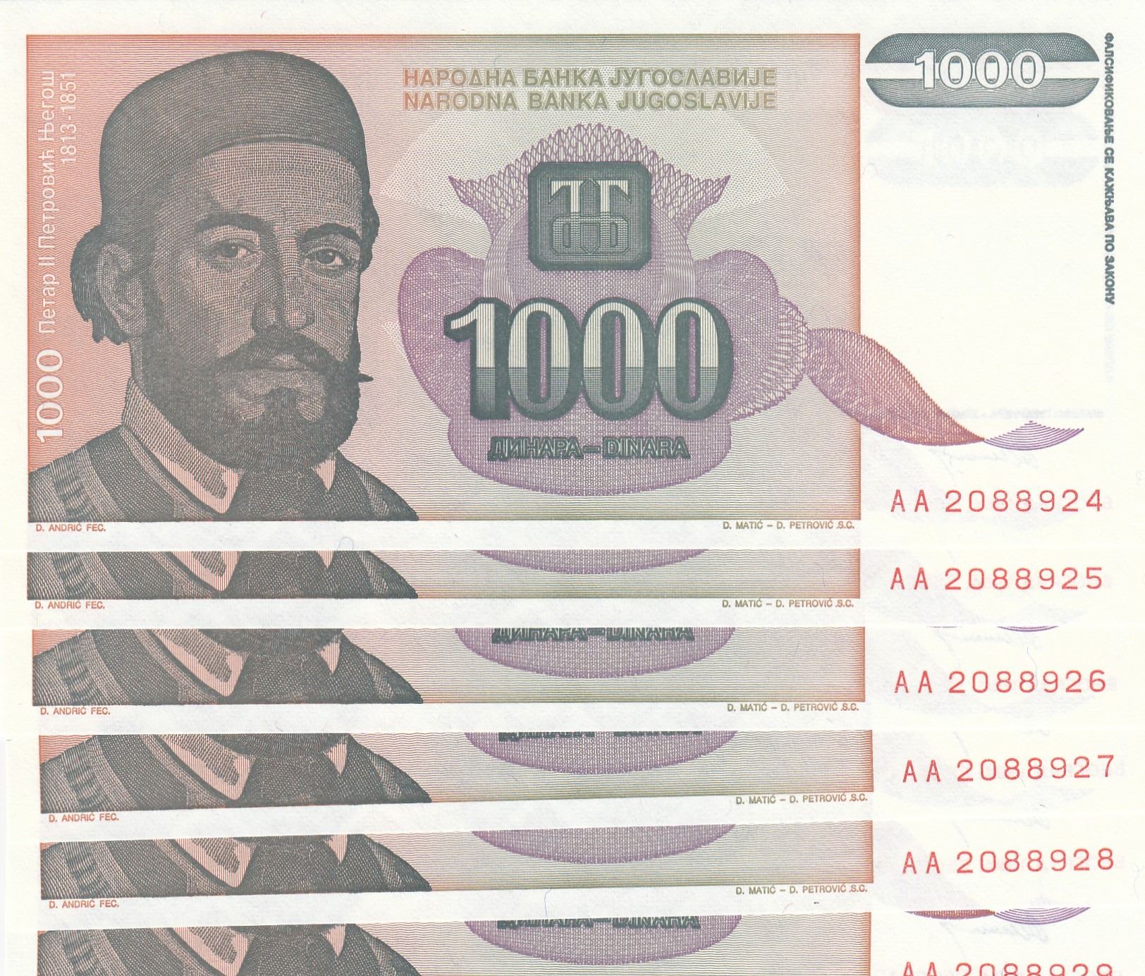 P-140 UNC Yugoslavia 1000 1,000 Dinara 1994