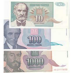 Yugoslavia, 10 Dinara, 100 Dinara, 1.000 Dinara, 1994, UNC, p138, p139, p140, (Total 3 banknotes)br/