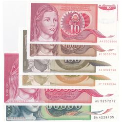 Yugoslavia, 10 Dinara, 100 Dinara (2), 10.000 Dinara, 50.000 Dinara and 100.000 Dinara, 1988/1991, U