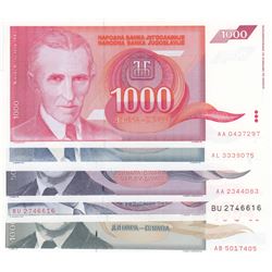 Yugoslavia, 1.000 Dinara (2), 5.000 Dinara (2) and 10.000.000 Dinara, 1985/1993, UNC, (Total 5 bankn