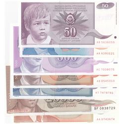 Yugoslavia, 50 Dinara, 500 Dinara (3), 5.000 Dinara (2) and 20.000 Dinara, 1987/1994, UNC, (Total 7 