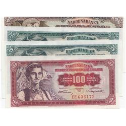 Yugoslavia, 5 Dinara, 100 Dinara, 500 Dinara and 1000 Dinara, 1955/1965, UNC, (Total 4 banknotes)br/
