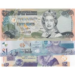 Mix Lot, Total 3 pieces, in UNC condition, "Queen Elizabeth II" banknotebr/Bahamas, 1/2 Dollar, 2001