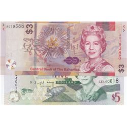 Mix Lot, Total 2 QUEEN banknotesbr/East Caribbean States, 5 Dollars, 2008, Unc, p47; Bahamas, 3 Doll