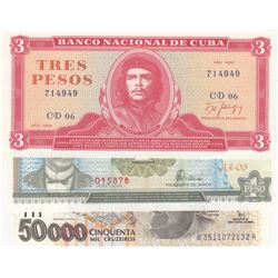 Mix Lot, 3 banknotes in whole UNC conditionbr/Cuba 1 Peso, Cuba 3 Pesos, Brasil 50000 Cruzeiros