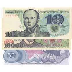 Mix Lot, 3 banknotes in whole UNC conditionbr/Poland 10 Zlotych, Poland 10000 Zlotych, Yugoslavia 50