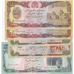 Afghanistan, 500 Afghanis (2), 1.000 Afghanis (2) and 10.000 Afghanis, 1990/1993, UNC, (Total 5 bank