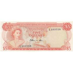 Bahamas, 5 Dollars, 1974, XF, p37bbr/Queen Elizabeth II portrait, serial number: L103758