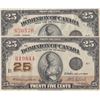 Image 1 : Canada, 25 Cents (2), 1923, XF, DC24c; (Total 2 banknotes)br/serial numbers: 619844 ve 636570