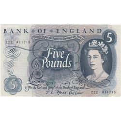 Great Britain, 5 Pounds, 1967, XF, p375bbr/Queen Elizabeth II portrait, serial number: Z22 411715