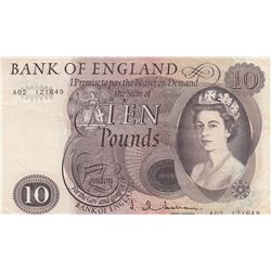 Great Britain, 10 Pounds, 1964, XF, p376abr/Queen Elizabeth II portrait, serial number: A02 121649