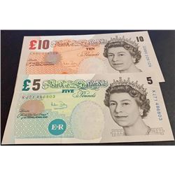 Great Britain, 5 Pounds and 10 Pounds, 2004, UNC, p391c, p389c, (Total 2 banknotes)br/Queen Elizabet