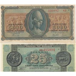 Greece, 25 Drachmai and 5.000 Drachmai, 1943/1944, XF, p122, p130, (Total 2 banknotes)br/serial numb