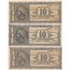 Image 1 : Greece, 10 Drachmai, 1944, AUNC (+), p134b, "AA Prefix" (Total 3 banknotes)br/serial numbers: AA 574