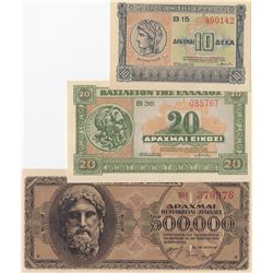 Greece, 10 Drachmai, 20 Drachmai and 500.000 Drachmai, 1942/1944, UNC, (Total 4 banknotes)br/
