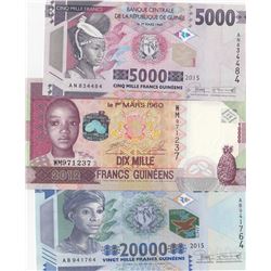 Guinea, 5.000 Francs, 10.000 Francs and 20.000 Francs, 2012/2015, UNC, p46, p47, p48, (Total 3 bankn