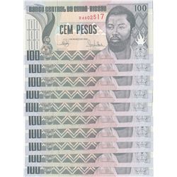 Guinea-Bissau, 100 Pesos, 1990, UNC, p11, (Total 10 consecutive banknotes)br/serial numbers: BA 9025