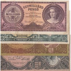 Hungary, 1.000 Pengö, 10.000 Pengö, 100.000 Pengö and 1 Milliard Pengö, 1945/1946, VF, (Total 4 bank