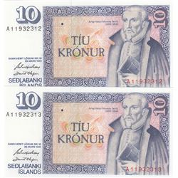 Iceland, 10 Kronur, 1981, UNC, p48, (Total 2 consecutive banknotes)br/serial numbers: A11 932311-12
