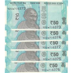 India, 50 Rupees, 2017, UNC, pNew, REPLACEMENT,  (Total 5 consecutive banknotes)br/star, serial numb