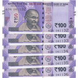 India, 100 Rupees, 2018, UNC, pNew, (Total 5 consecutive banknotes)br/serial numbers: 6DN 041132- 36