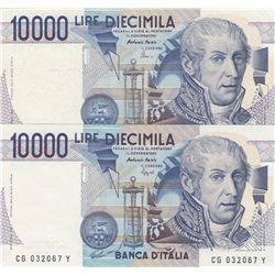 Italy, 10.000 Lire (2), 1984, XF/AUNC, p112b, (Total 2 banknotes)br/serial numbers: CG 032067Y and T