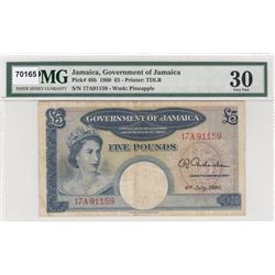 Jamaica, 5 Pounds, 1960, VF, p48bbr/PMG 30, Queen Elizabeth II portrait, serial number: 17A 91159