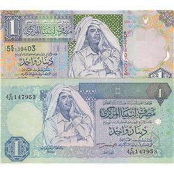 Libya, 1 Dinar (2), 1991/2002, XF, p59a, p64a, (Total 2 banknotes)br/serial numbers: 4 C/20 147953 a