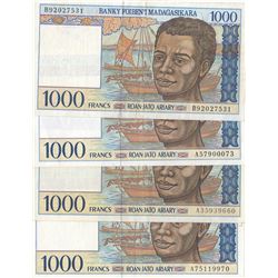 Madagascar, 1.000 Francs (4), 1994, XF, p76, (Total 4 banknotes)br/