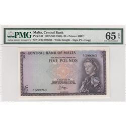 Malta, 5 Pounds, 1968, UNC, p30br/PMG 65 EPQ, Queen Elizabeth II portrait, serial number: A/12 59926