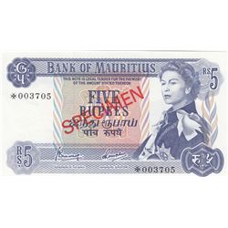 Mairitius, 5 Rupees, 1978, UNC, p30s, SPECIMENbr/Queen Elizabeth II portrait, serial number: *003705