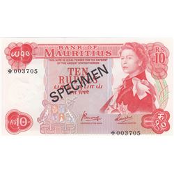 Mairitius, 10 Rupees, 1978, UNC, p31s, SPECIMENbr/Queen Elizabeth II portrait, serial number: *00370
