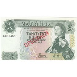 Mairitius, 25 Rupees, 1978, UNC, p32s, SPECIMENbr/Queen Elizabeth II portrait, serial number: *00345