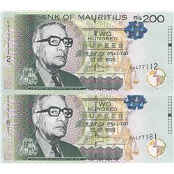 Mauritius, 200 Rupees, 2014, UNC, p61, (Total 2 banknotes)br/serial number: CA 477112 and CA 477181