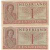 Image 1 : Netherlands, 1 Gulden, 1945, VF/ XF (+), p72, (Total 2 banknotes)br/serial number: 5NF 024591 and 4L